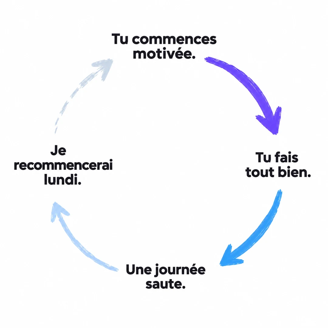 Un cycle en quatre étapes : tu commences motivée, tu fais tout bien, une journée saute, je recommencerai lundi — et les flèches s'effacent à mesure que le cycle tourne.